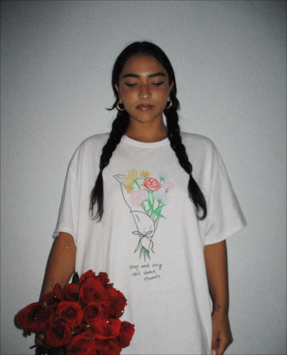 Outerwear: &quot;Buy the Damn Flowers&quot; oversized t-shirt